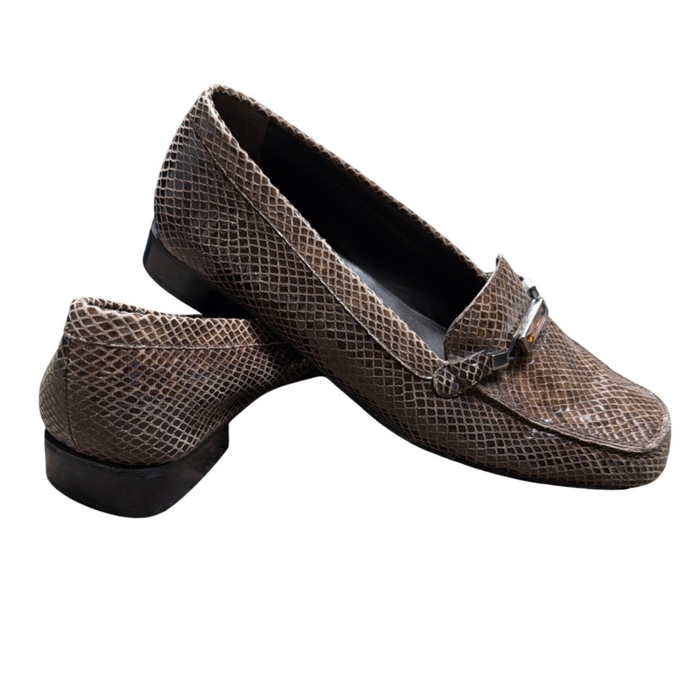Stuart Weitzman Snakeskin Leather Bit Loafers Brown Slip On Womens Size 9 - Picture 4 of 9